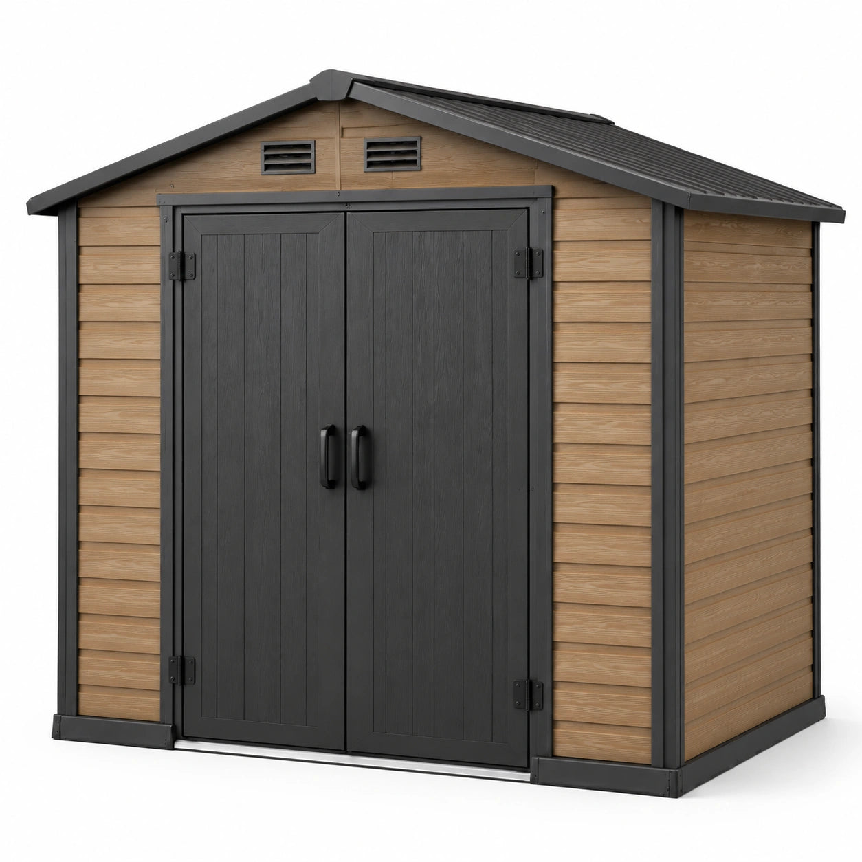 Abri de jardin en plastique brun et gris avec toit en pente
