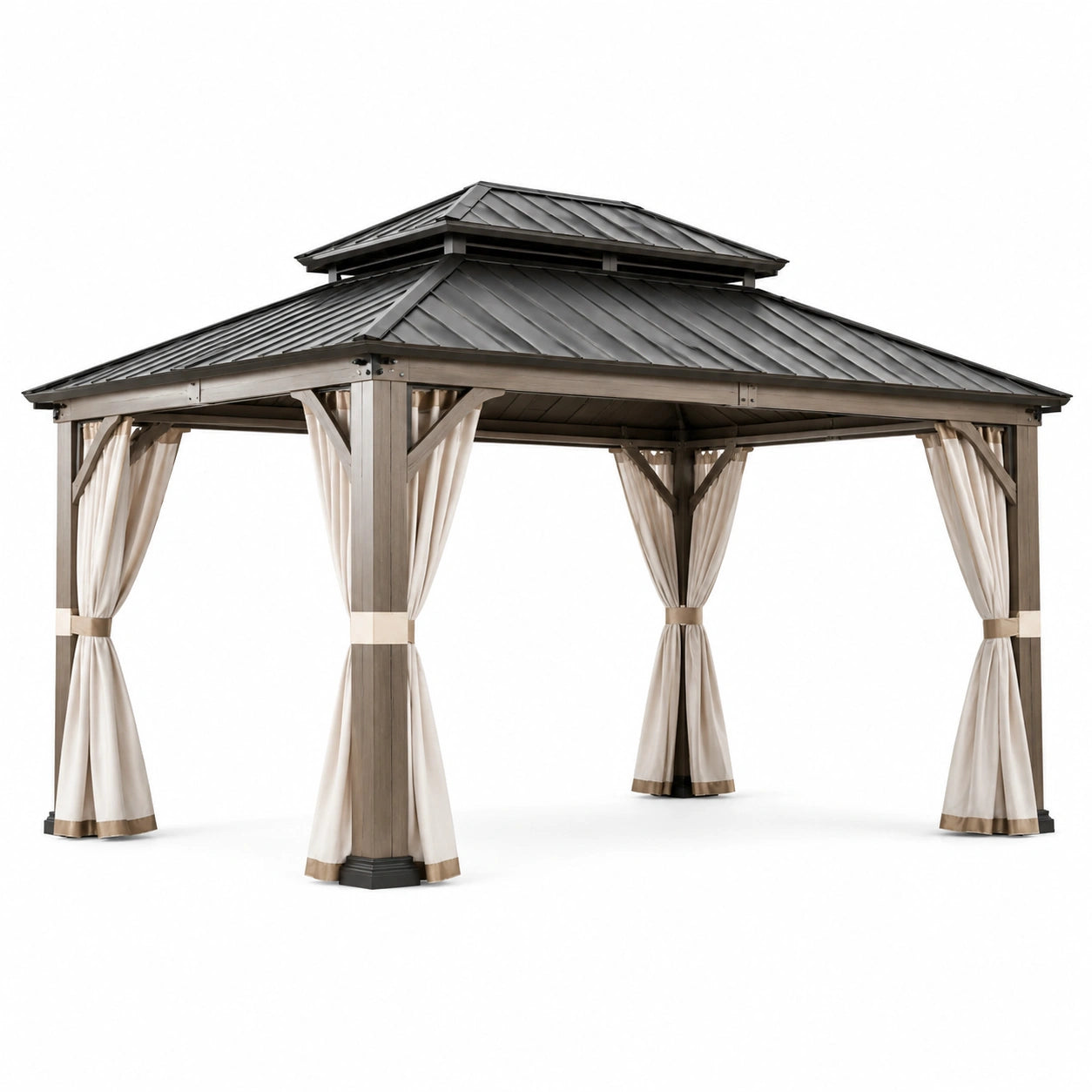 Pavillon de jardin en aluminium avec toit en acier et rideaux en polyester gris foncé/beige 300x400 cm