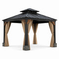 Pavillon en métal noir avec toit en acier et rideaux en polyester beige