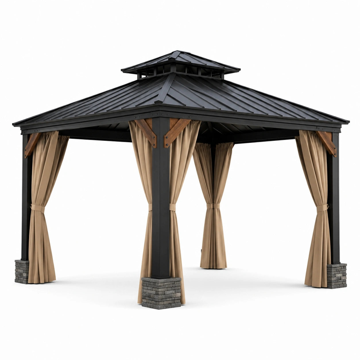 Pavillon en métal noir avec toit en acier et rideaux en polyester beige