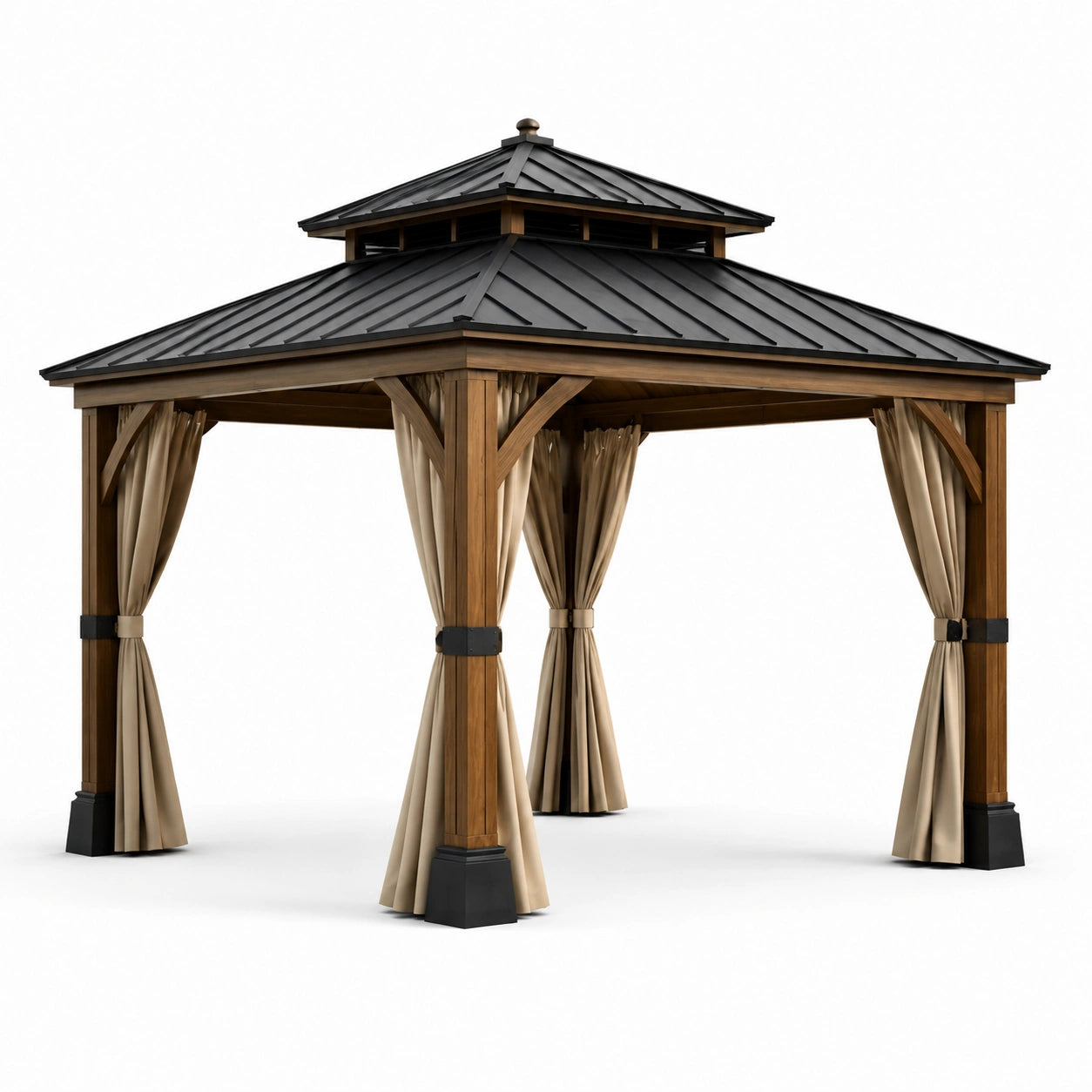 Pavillon extérieur en bois et acier avec rideaux polyester 3x3m