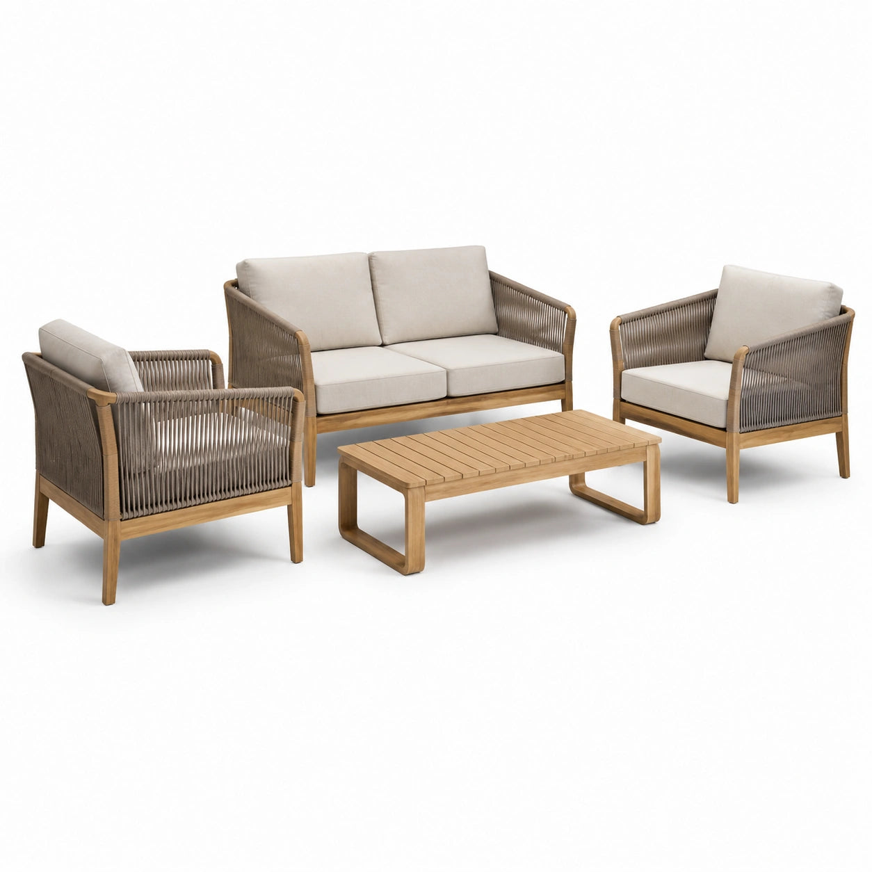 Ensemble de jardin en teck et corde polyester beige avec canapé, fauteuils et table
