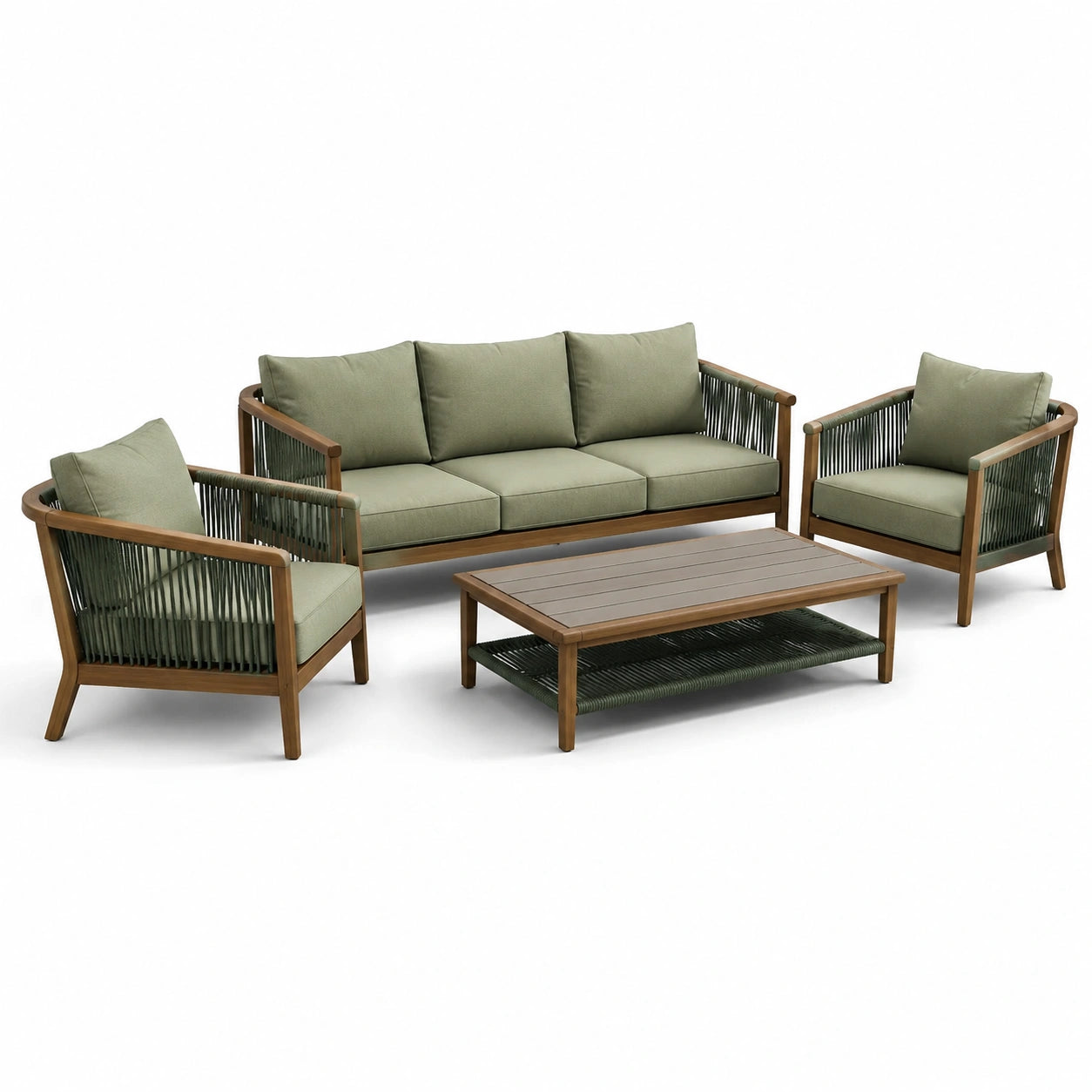 Ensemble de salon de jardin en bois et corde avec tissu vert