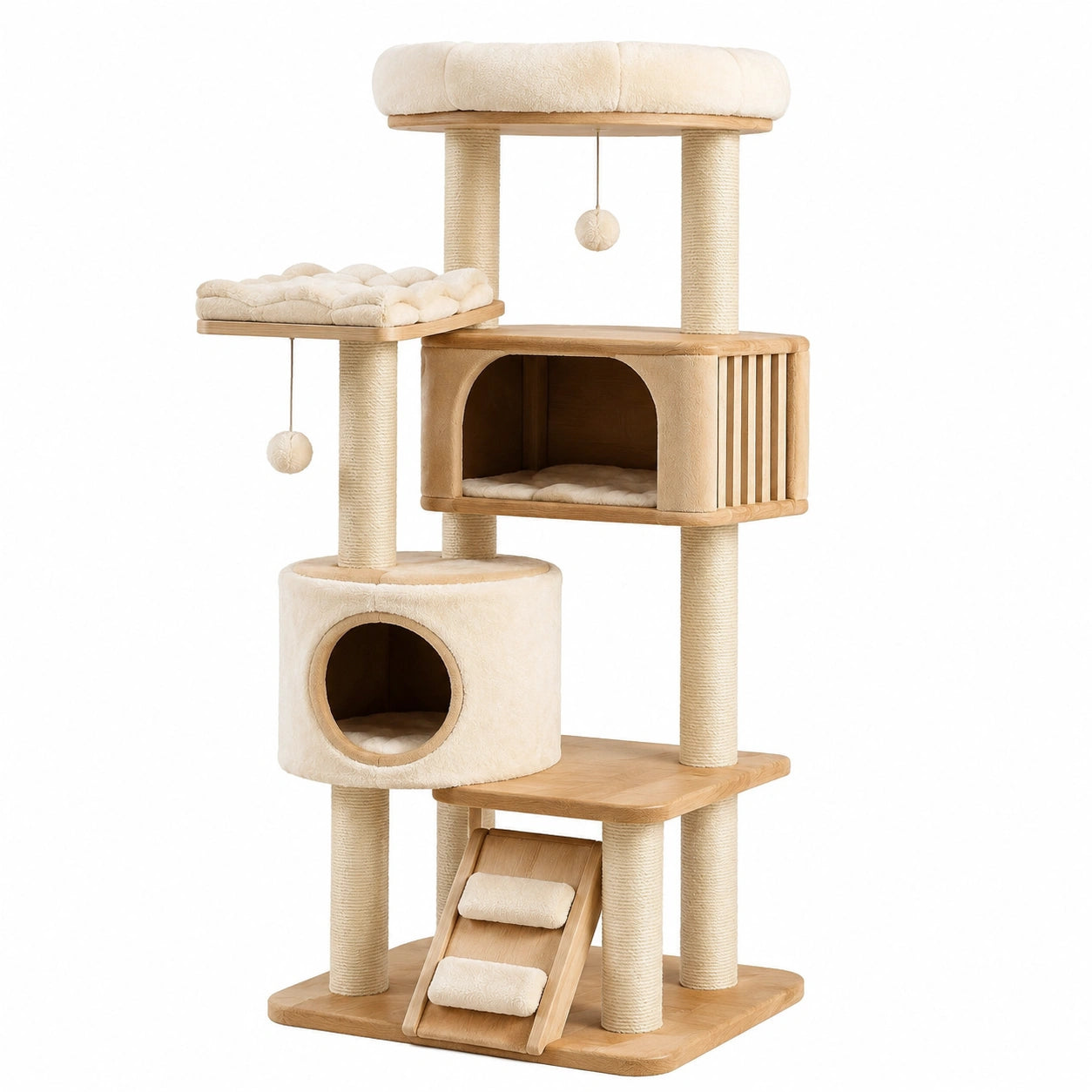 Arbre à chat en bois et sisal avec coussins en polyester beige