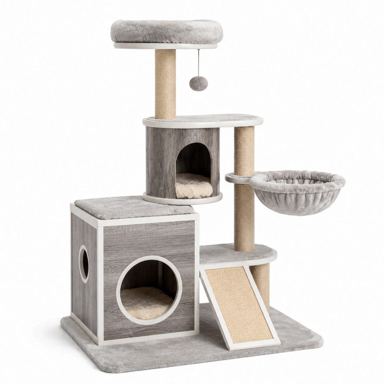 Arbre à chat en bois et sisal gris avec coussins en peluche