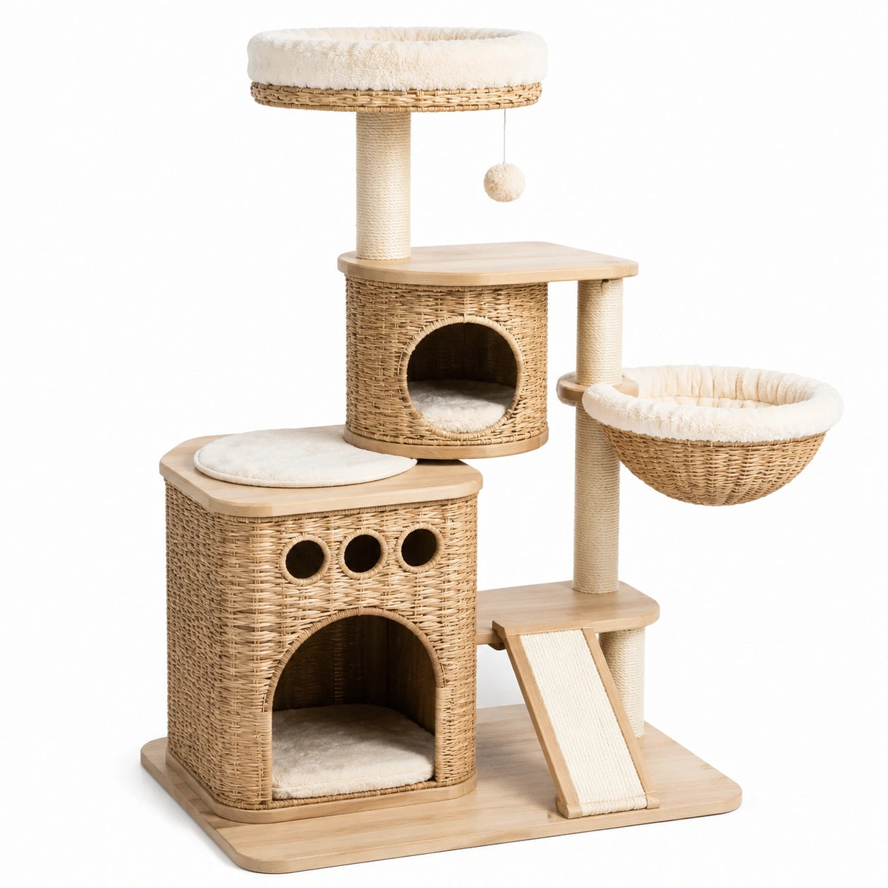 Arbre à chat en rotin avec coussins en polyester beige