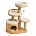 Arbre à chat en bambou avec coussins en fausse fourrure beige