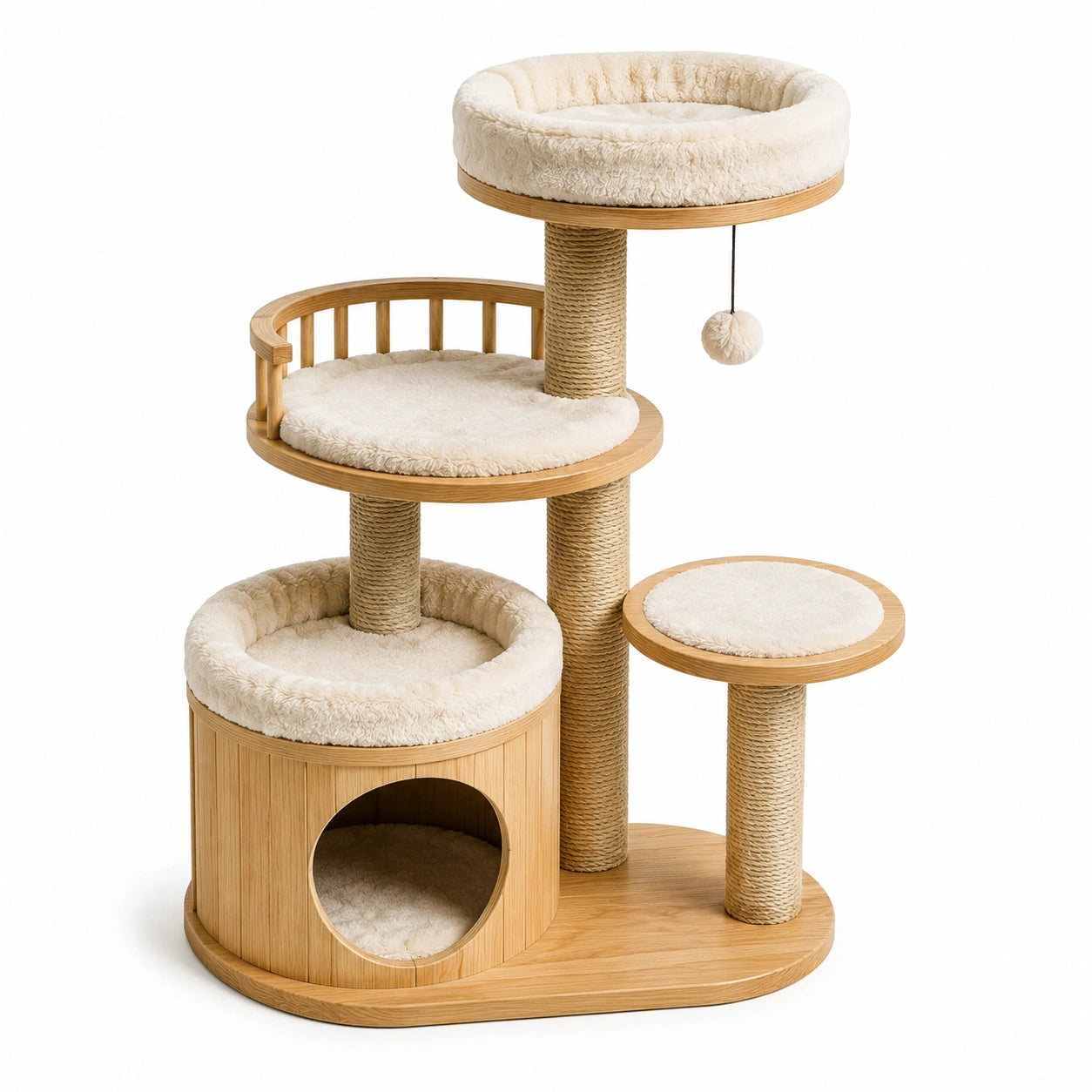 Arbre à chat en bambou avec coussins en fausse fourrure beige