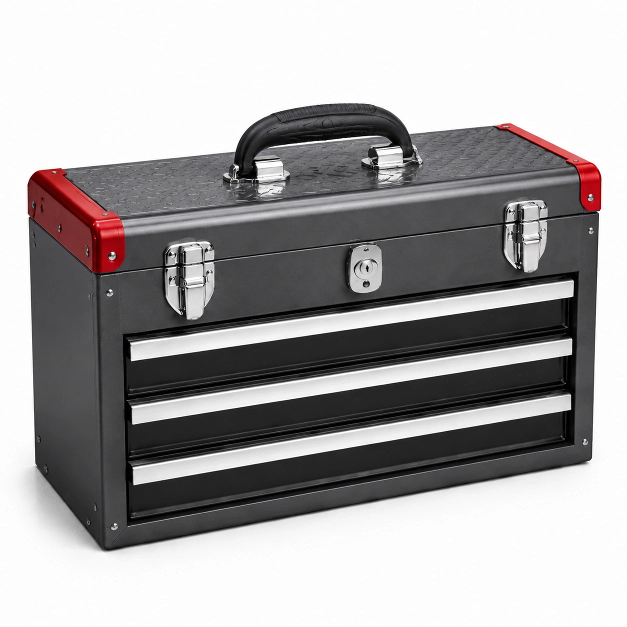 Boîte à outils en métal avec 3 tiroirs en acier noir et rouge