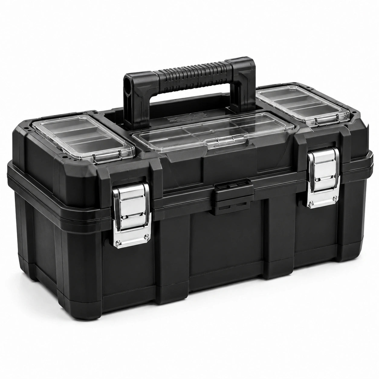 Caisse à outils en plastique noir avec fermetures métalliques