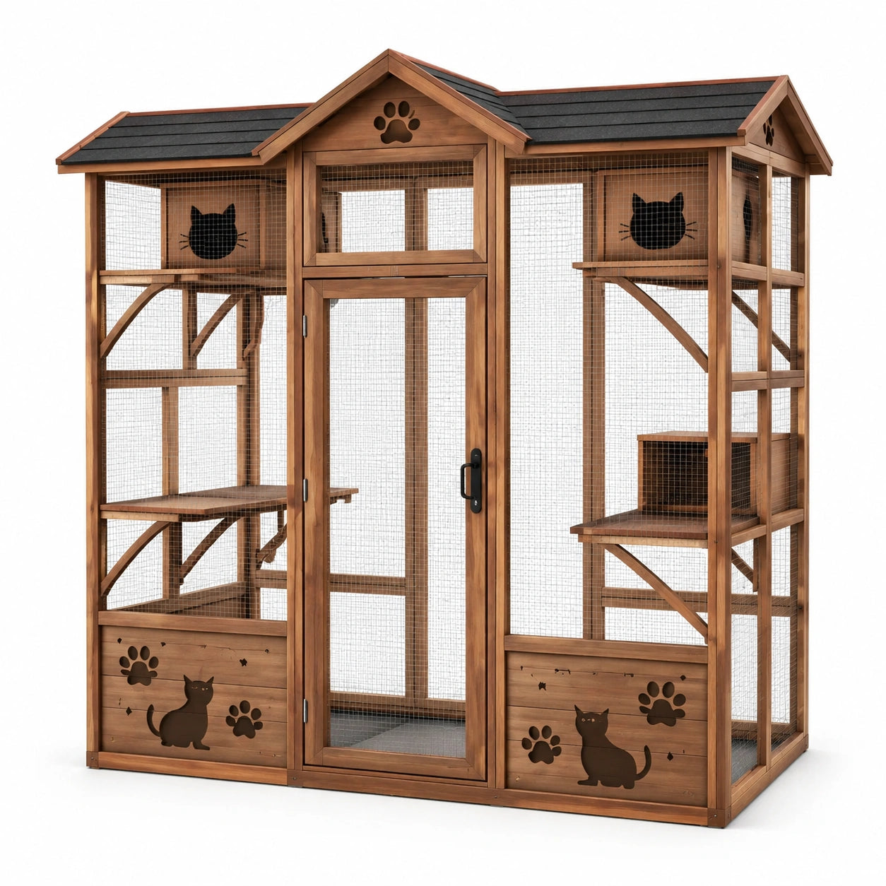Enclos pour chat en bois de sapin avec toit noir et découpe de motifs