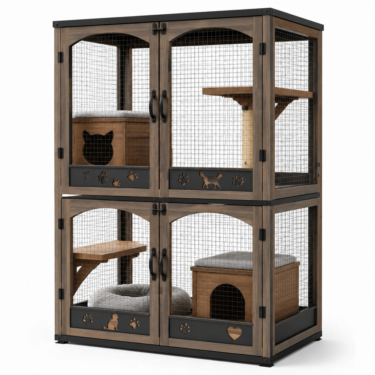 Enclos pour chats en bois de pin et métal à 2 niveaux