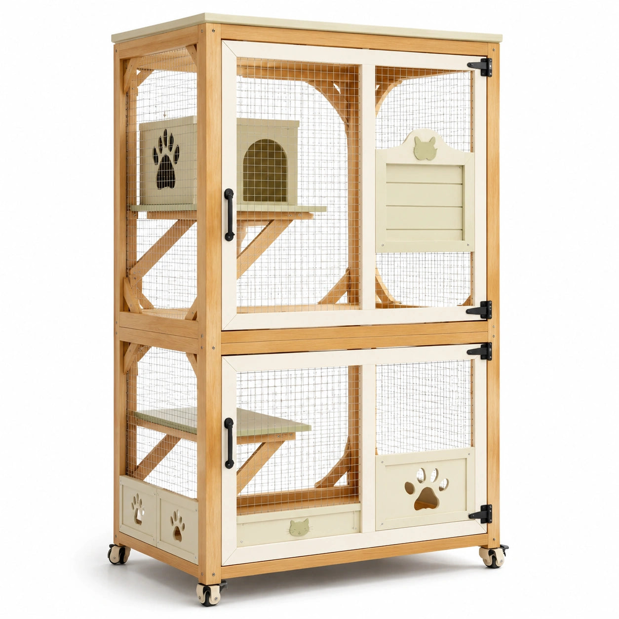 Enclos pour chat à deux étages en bois et métal beige
