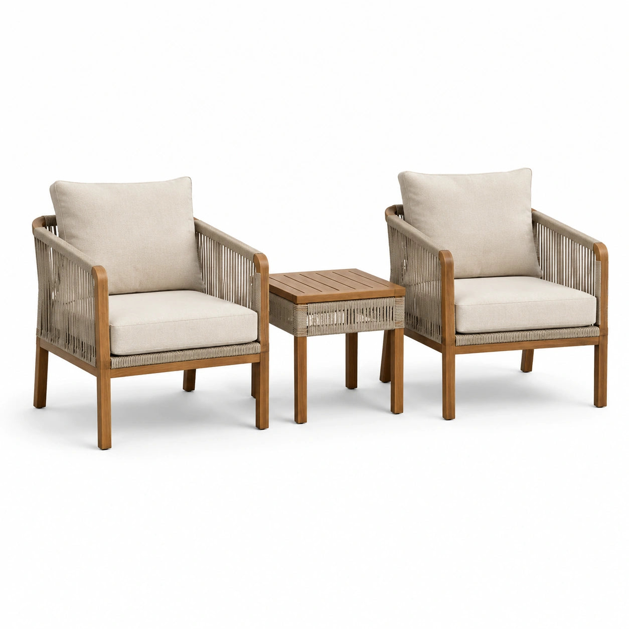 Ensemble de meubles en bois avec fauteuils et table en corde beige