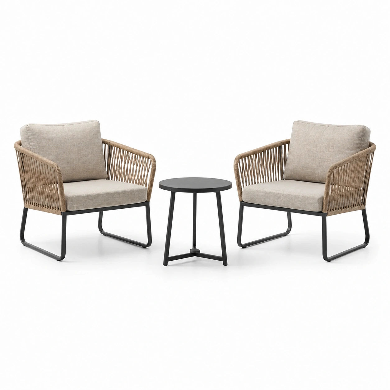 Ensemble de Table Bistrot avec 2 Fauteuils en Corde tissée et Table Ronde en Aluminium